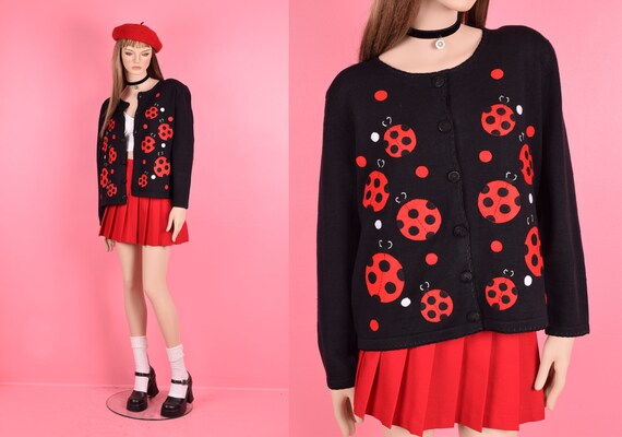 80s Deadstock Ladybug Cardigan Sweater/ Large/ 19… - image 1