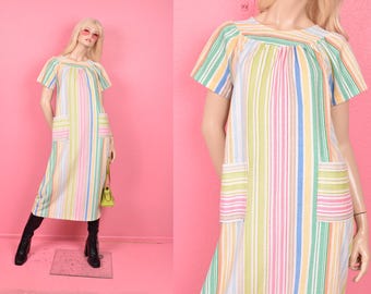 Vintage 70s Striped Terry Cloth Dress/ Medium/ 1970s