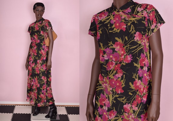 90s Sheer Floral and Glitter Dot Cheongsam US 10