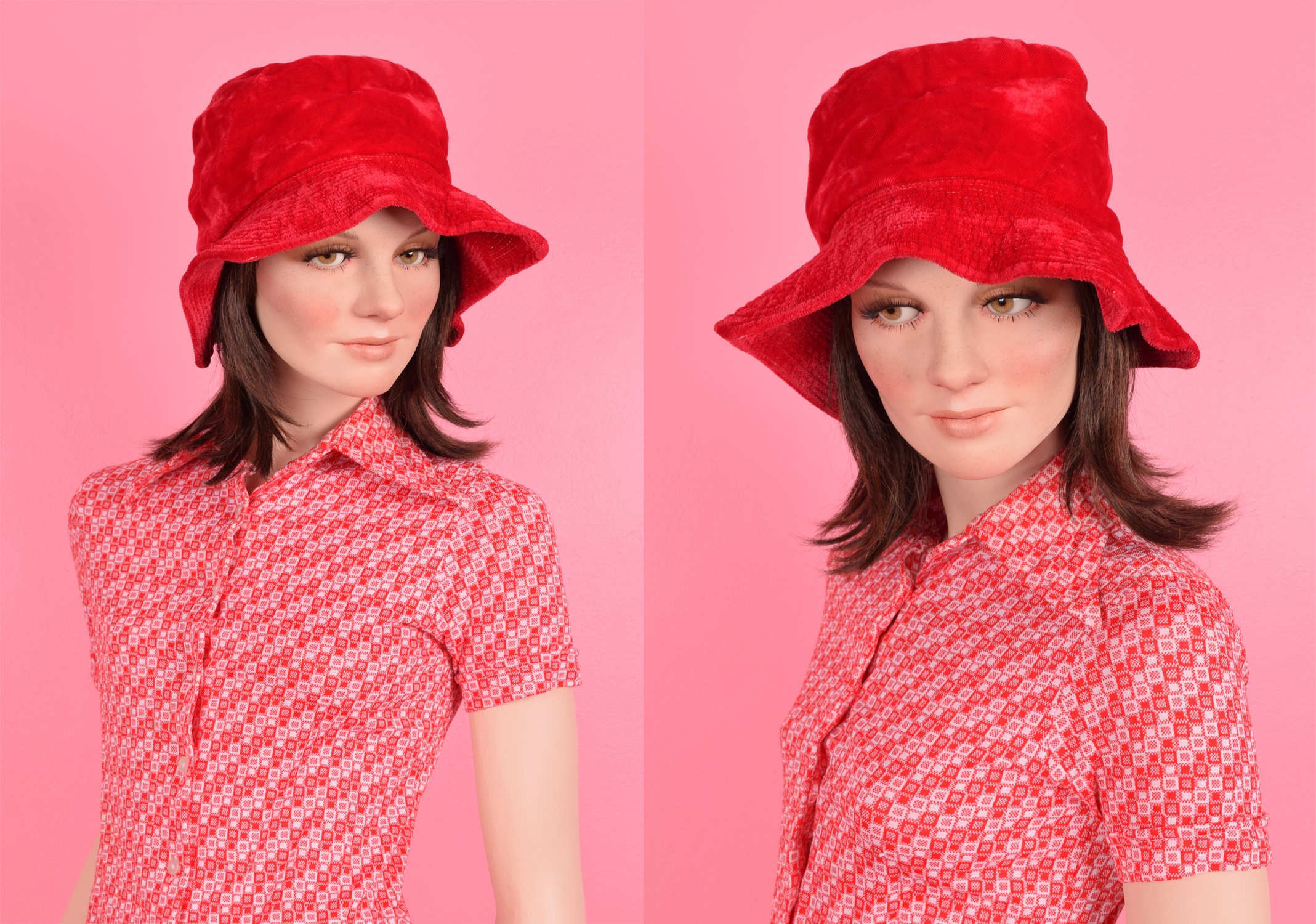 Vintage red velvet bucket hat Gene Doris Union made Ruby Red Bucket Hat – MAHLA main image 4