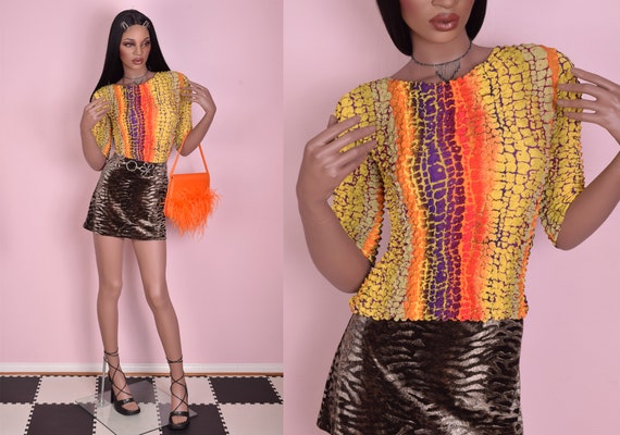 90s Colorful Striped Reptile Print Popcorn Shirt/