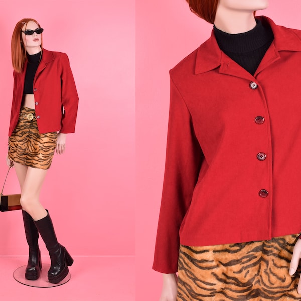 90s 00s Red Faux Suede Lightweight Jacket/ Petite Medium/ 1990s/ 2000s