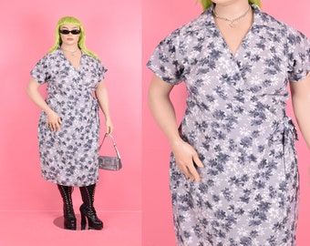 Vintage 90s Floral Print Wrap Dress/ XL/ 1990s