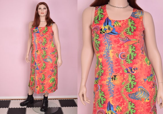 90s Tropical Fish Print Dress/ XL/ 1990s/ Tank/ Sl