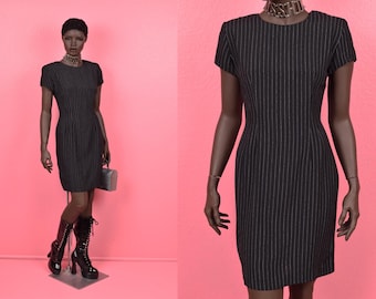 Vintage 80s 90s Black and White Pin Striped Dress/ US 8/ 1980s/ 1990s