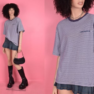 Vintage 80s 90s Guess Blue and White Striped Tshirt/ Medium/ 1980s/ 1990s