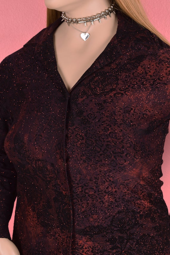 90s Leopard and Floral Lace Flocked Glitter Top/ … - image 3