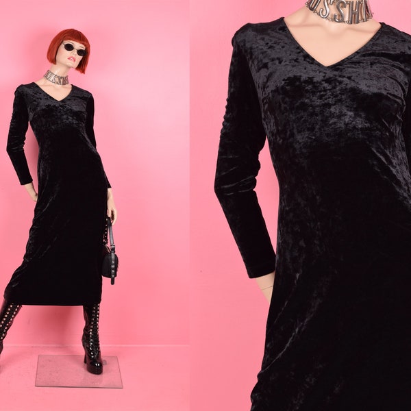 90s Black Crushed Velvet Dress/ US 6/ 1990s/ Long Sleeve