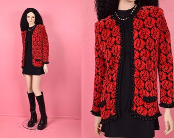 Vintage 80s Black and Red Floral Pattern Chenille Knit Jacket/ Small-Medium/ 1980s