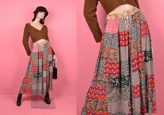 Vintage 90s Multi Pattern Patchwork Skirt/ One Si… - image 1