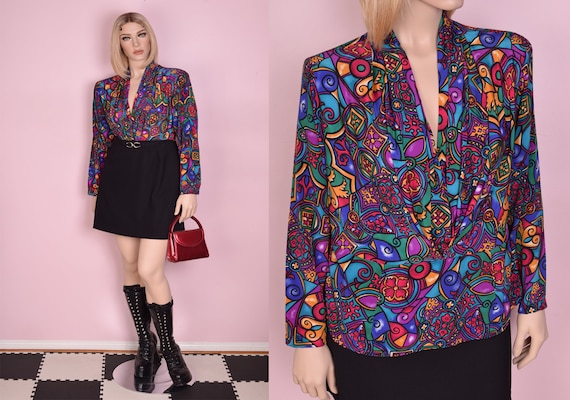 80s Colorful Print Blouse/ US 14/ 1980s/ Long Slee