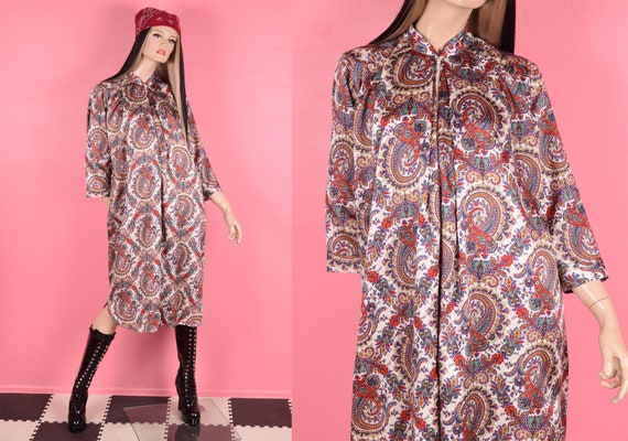 70s 80s Paisley Print Lounge Dress/ Small/ 1970s/… - image 1