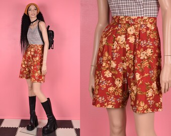 80s Floral Print High Waisted Shorts/ Medium/ 1980s