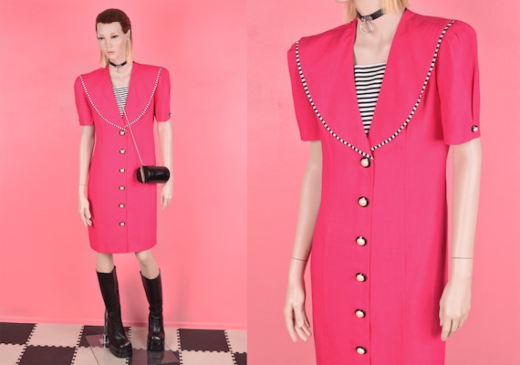 80s Pink, Black, and White Button Down Dress/ US … - image 1