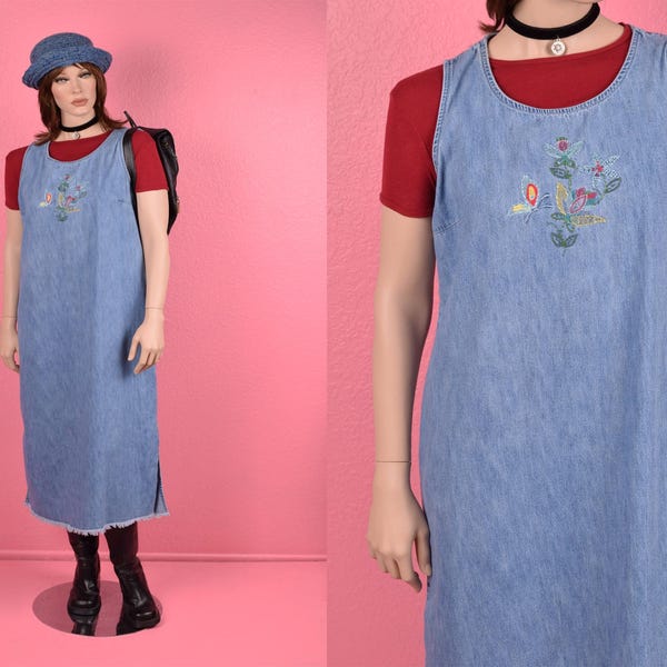 Vintage 90s Floral Embroidered Dress/ US 14/ 1990s/ Sleeveless