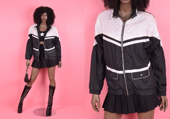 90s Black and White Windbreaker Jacket/ Medium/ 1… - image 1