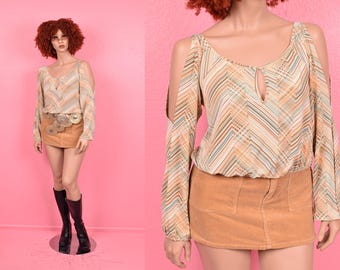 Vintage 00s Kariertes und Gestreiftes Mix Slit Sleeve Top/ Large/ 2000s