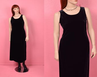 Vintage 90s Black Velvet Maxi Dress/ US 12P/ 1990s/ Sleeveless