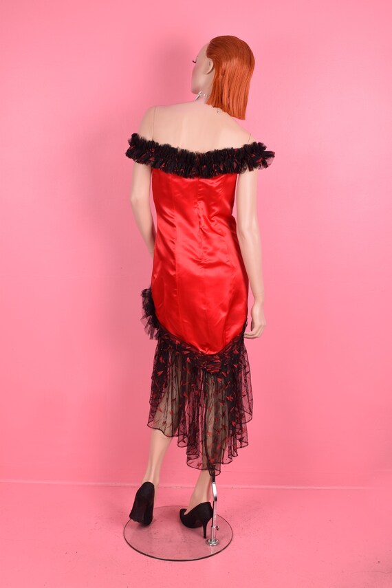 Vintage 80s Deadstock Black and Red Tulle Trim Dress/ US 7-8
