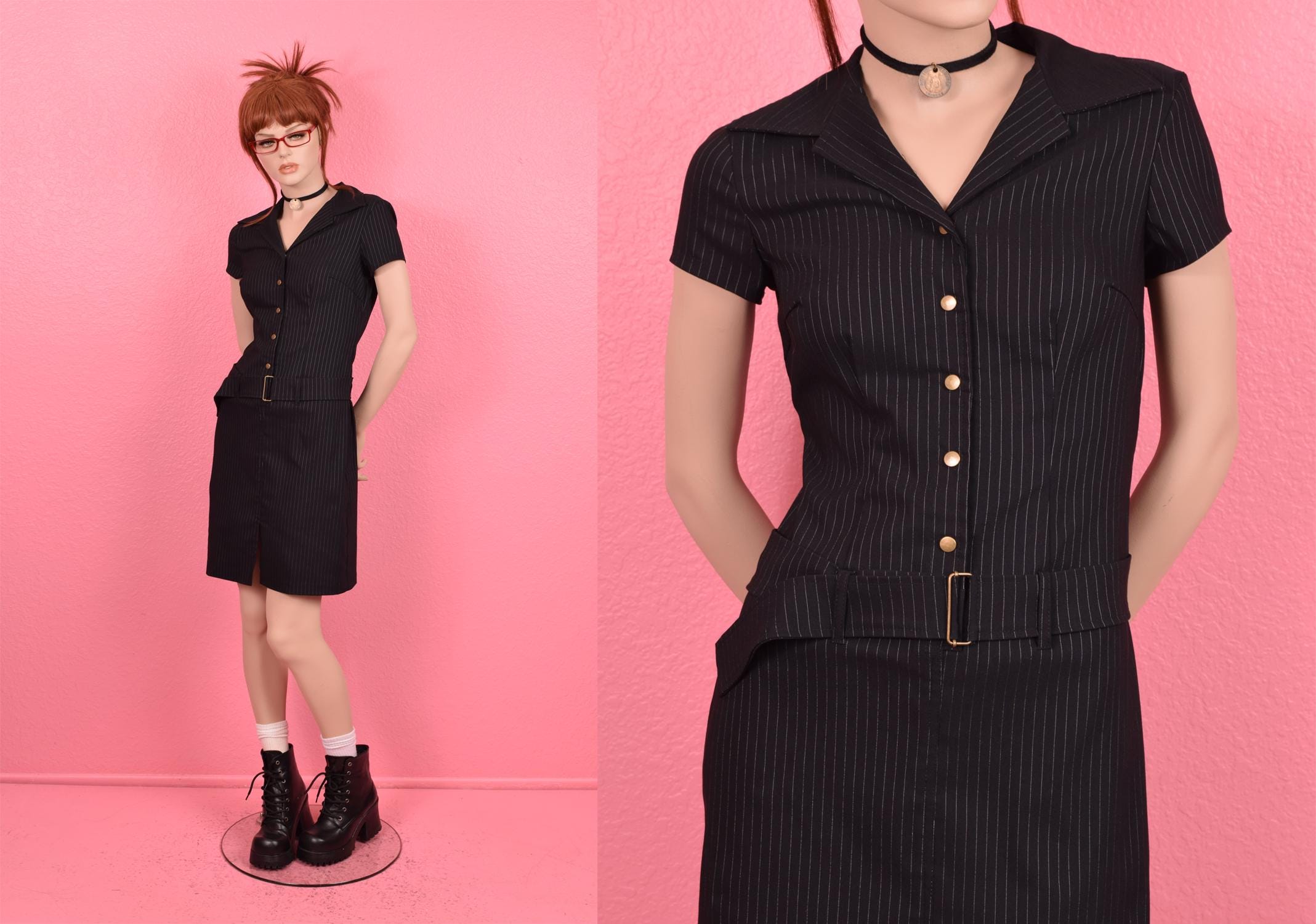 Vintage 90s 00s Pin Striped Dress/ Small/ Short Sleeve/ 1990s 