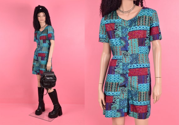Vintage 90s Multi Pattern Romper/ Small/ 1990s - image 1