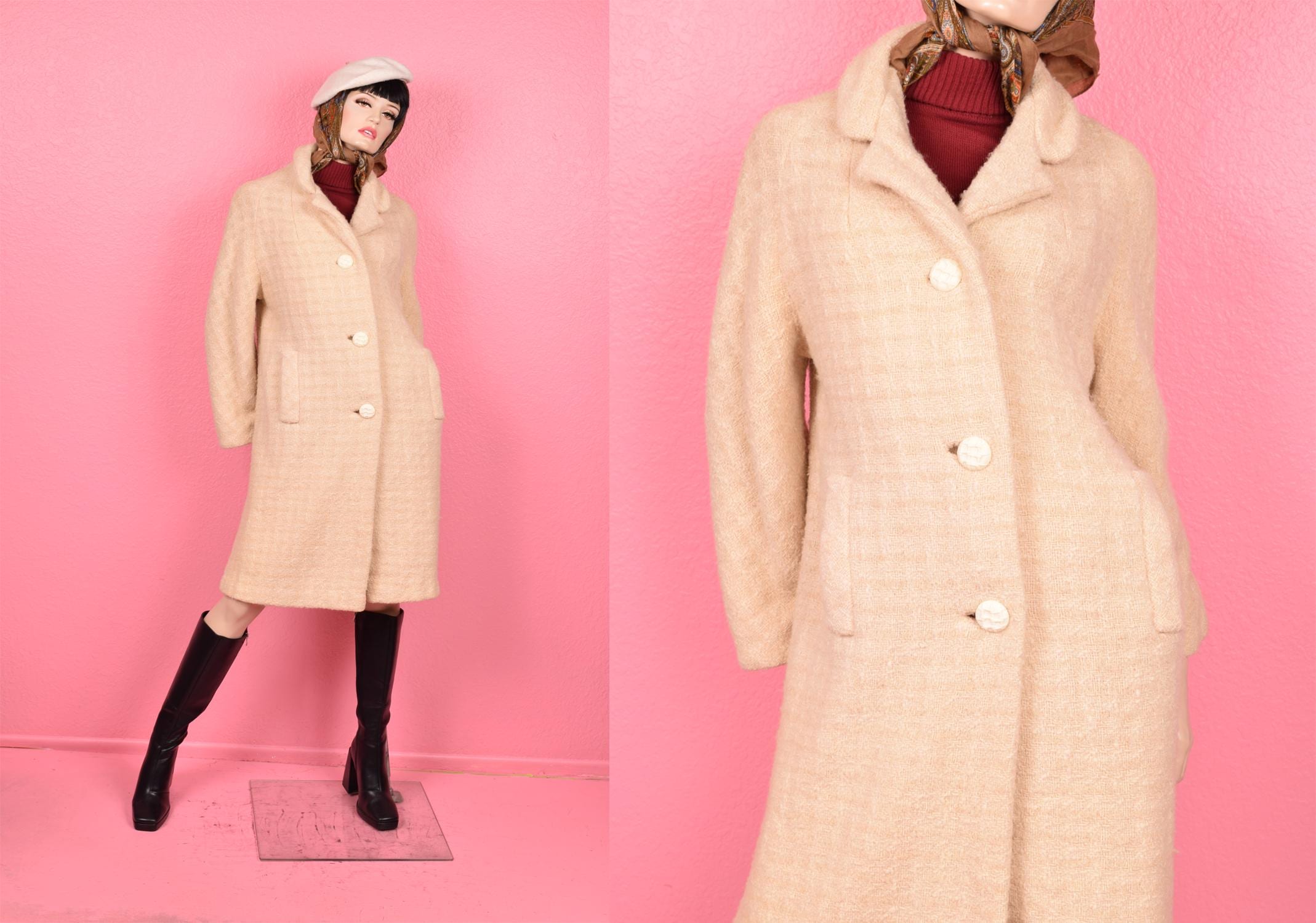 Vintage 50s 60s Cream Tweed Coat/ Medium-large/ 1950s/ 1960s
