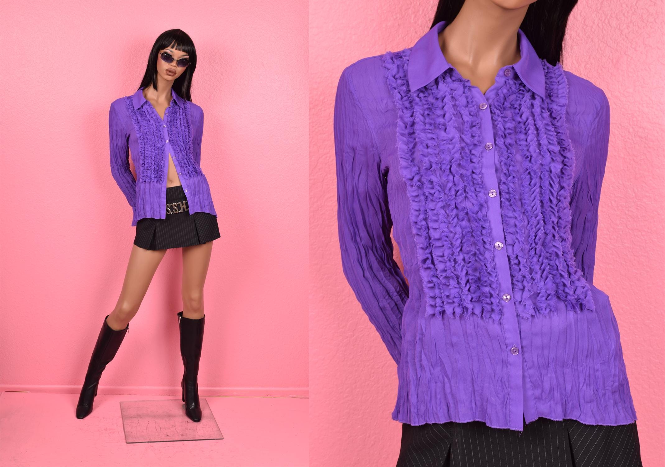 Vintage 90s 00s Semi Sheer Ruffle Trim Crinkled Blouse/ Medium/ 1990s ...