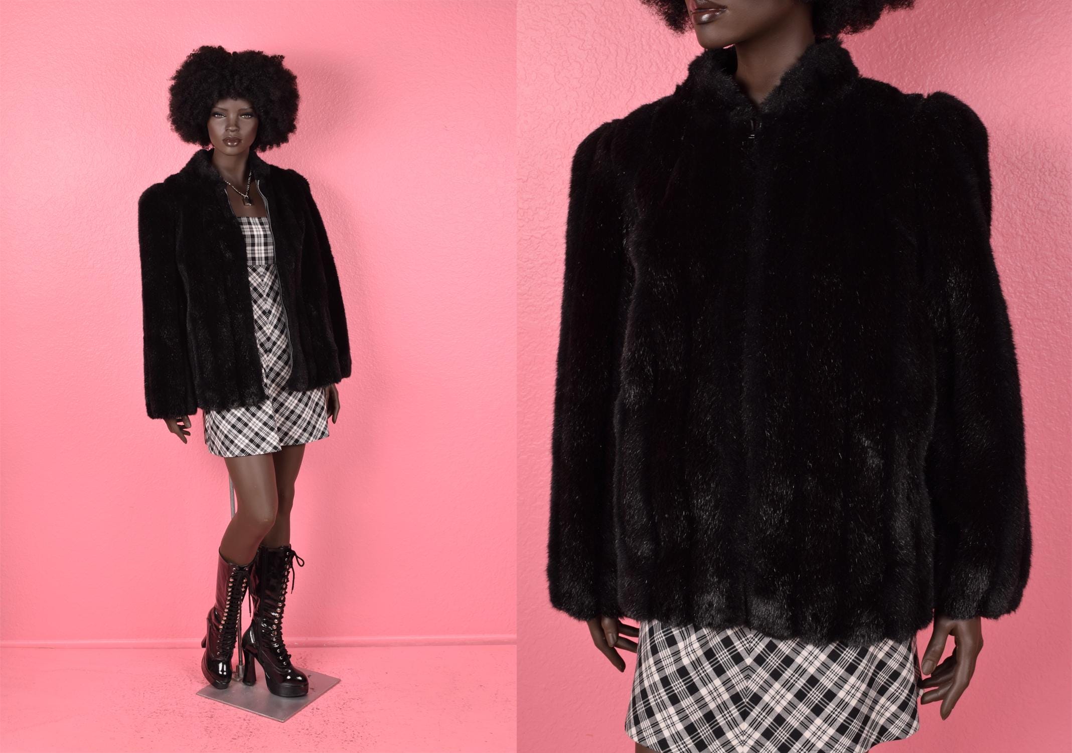 Y2K Black Fur COAT Vintage 2000's Fur Jacket Satin Belt Long