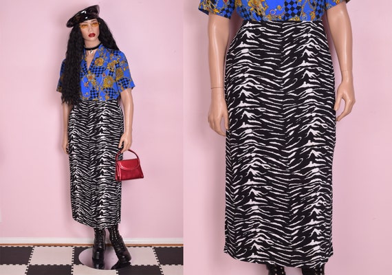90s Black and White Animal Print Skirt/ Large/ 199