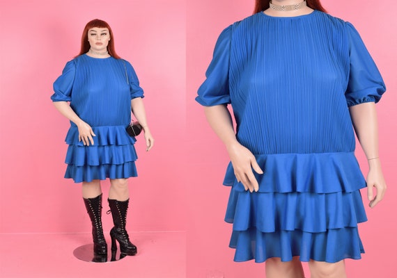 80s Tiered Skirt Micro Pleated Dress/ XL/ 1980s - image 1