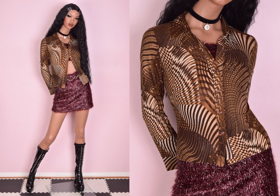 90s Y2K Psychedelic Print Glitter Blouse/ Small/ L