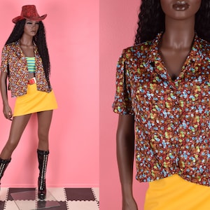 Vintage 80s Floral Print Cropped Blouse/ Medium/ 1980s