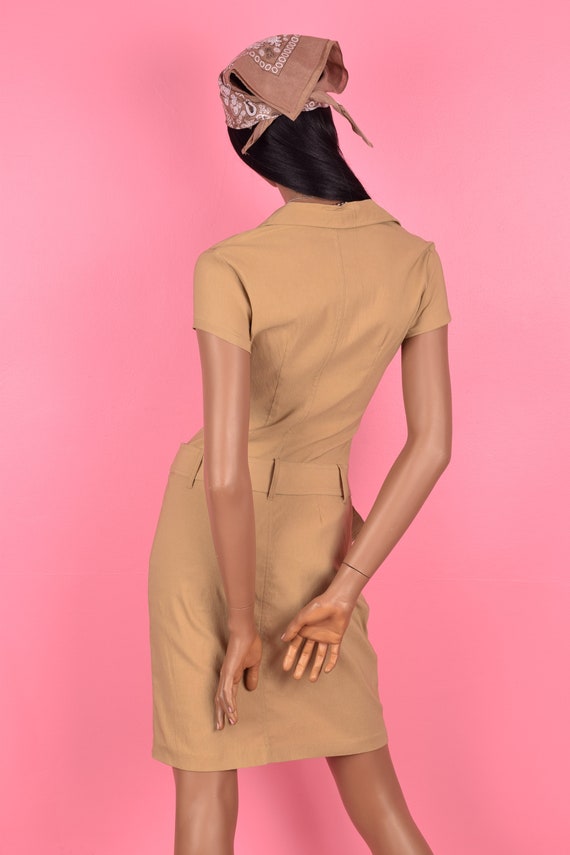 90s Y2K Tan Belted Stretchy Dress/ Small/ Short S… - image 2