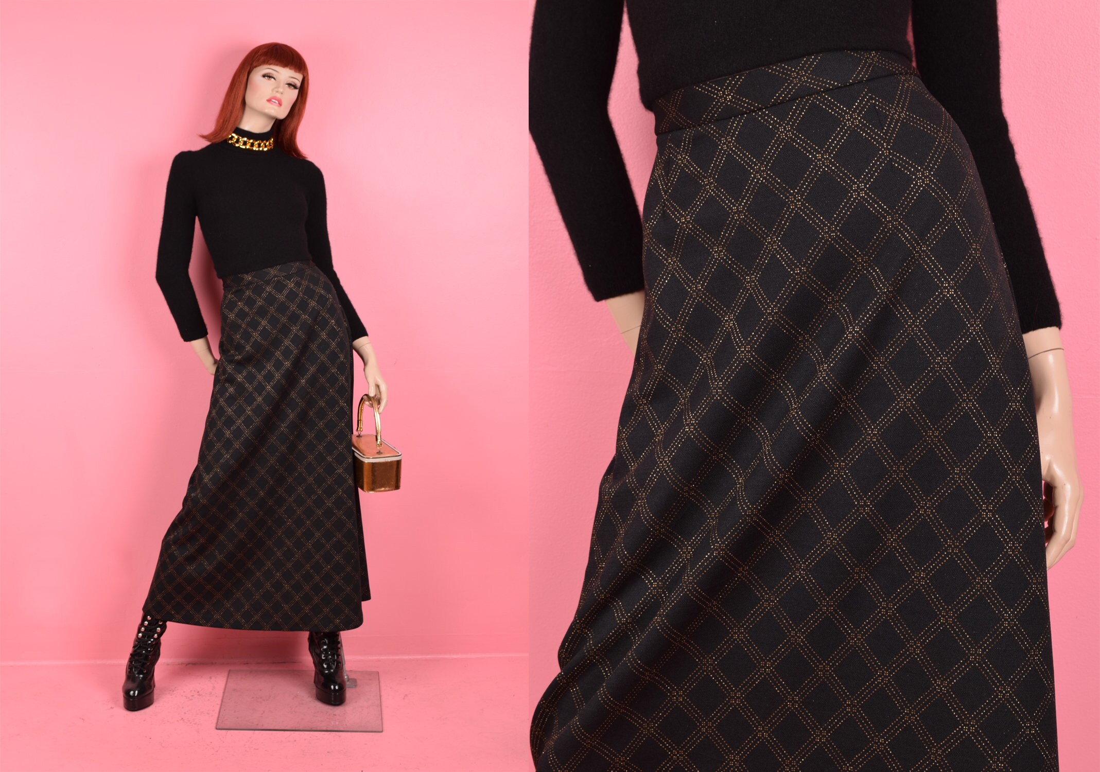 70s Black and Gold Diamond Pattern Knit Maxi Skirt/ Medium/ 1970s  