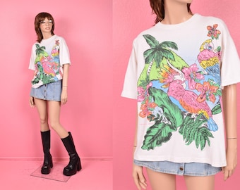 T-shirt vintage des années 80 et 90 à imprimé tropical/ neutre sexiste de grande taille/ années 80/ 90