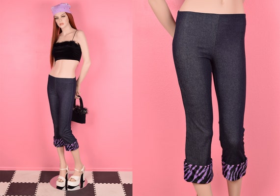 90s Y2K Faux Fur Trim Stretch Denim Mid Rise Capris/ XS-Small/ Pants