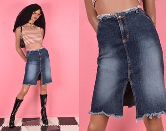 Y2K Frayed Trim Denim Skirt/ Medium