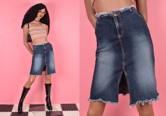 Mid length denim skirts etsy deals