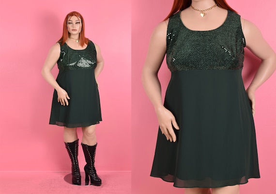 90s Green Faux Sequin Dress/ XL/ 1990s/ Tank/ Sle… - image 1