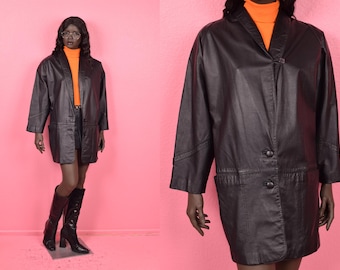 Abrigo de cuero negro vintage de los años 80/ Pequeño/ Años 80/ Chaqueta