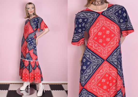 70s Bandana Print Maxi Dress/ XS/ 1970s