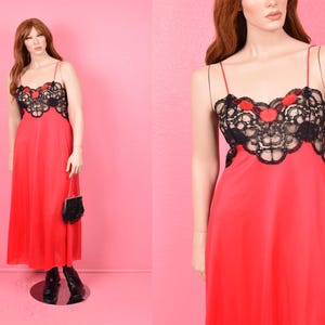 Vintage 80s Red and Black Floral Lace Slip Dress/ L-XL/ 1980s