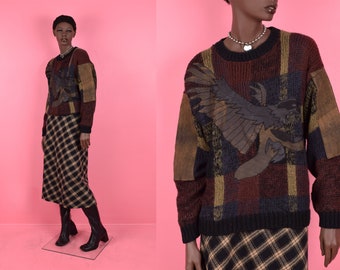90s Eagle Leather Patchwork Sweater/ Gender-Neutral Medium/ 1990s