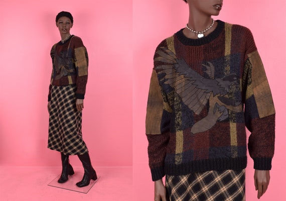 Vintage 90s Eagle Leather Patchwork Sweater/ Gend… - image 1