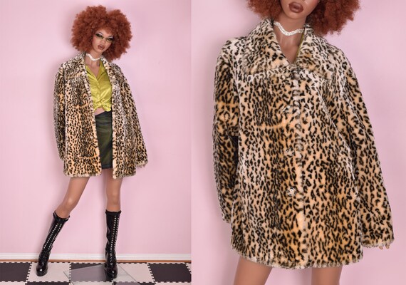 90s Y2K Animal Print Plush Coat/ XL/ Jacket