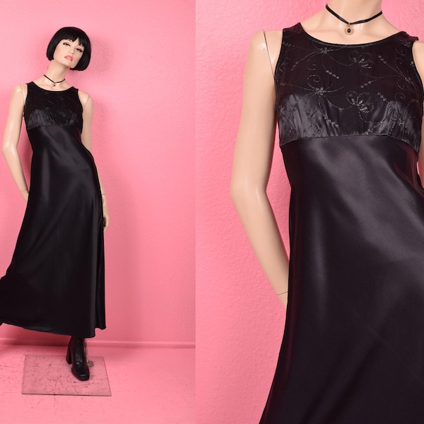 Vintage 90s Black Floral Embroidered Dress/ US 5-6/ 1990s