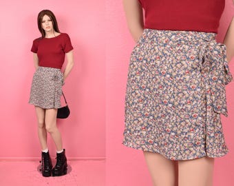 Vintage 90s Floral Print Wrap Skirt/ Medium/ 1990s