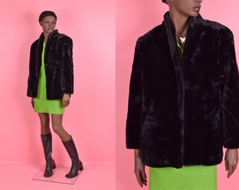 Vintage 80s Black Faux Fur Jacket/ Small/ 1980s