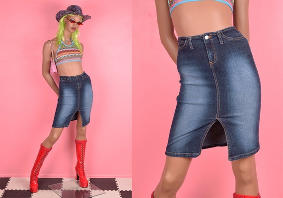 90s Y2K Stretch Denim Skirt Small Etsy