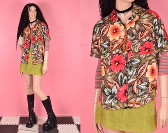 80s Floral Print Shirt/ Medium/ 1980s/ Button Down/ Short Sleeve